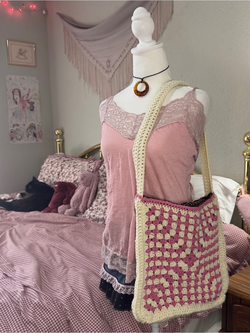 Cream and Pink Crochet Shoulder Bag - Handmade Boho Style - Picture 9 of 9